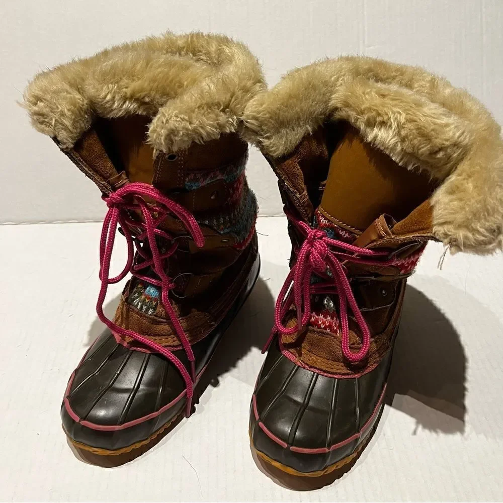 Khombu Winter boots  lace up steel shank brown, tan and pink multi